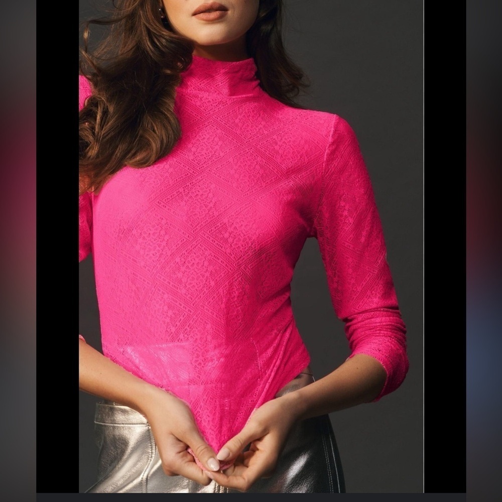 Anthropologie hot pink lace transparent turtleneck blouse size 3X